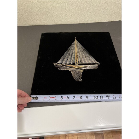 VTG Mid Century 3D String Art Nail Sail Boat Ship Wall Wood Frame 15x14” Velvet - Picture 12 of 16